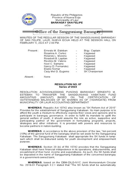 memorandum of agreement for transferring sk fund|Brgy. Reso Transfer of SK Funds .